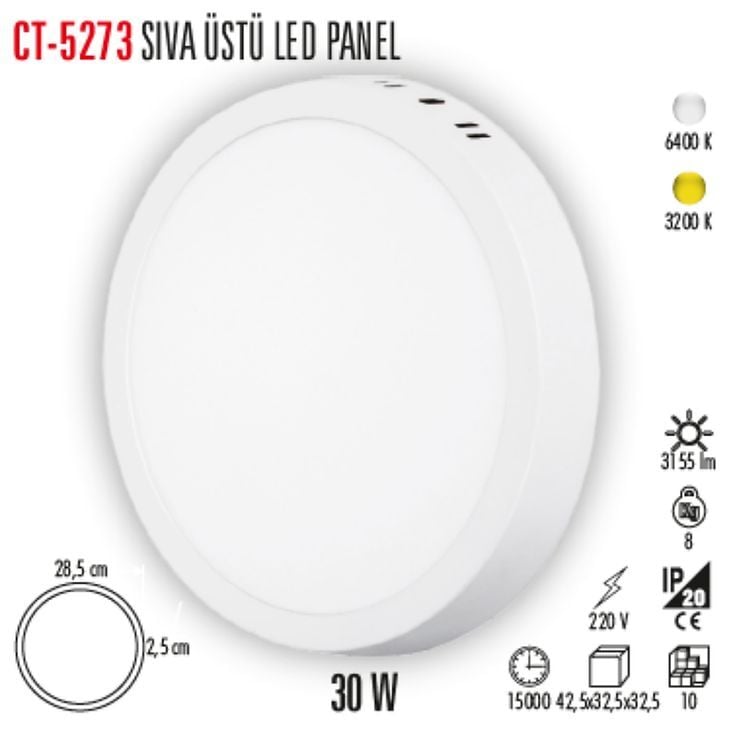 Cata 30W 6400K Beyaz Alüminyum Kasa Sıva Üstü Yuvarlak LED Panel