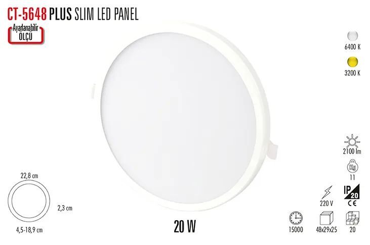 Cata 20W 6400K Beyaz Plus Yuvarlak LED Panel - Ayarlanabilir Ölçü