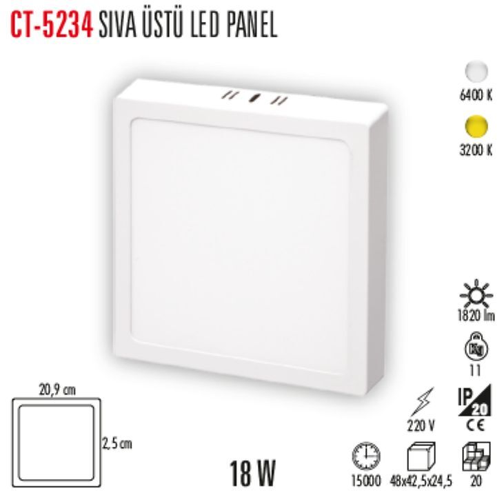 Cata  18W Kare Sıva Üstü Led Panel - 3200K Günışığı