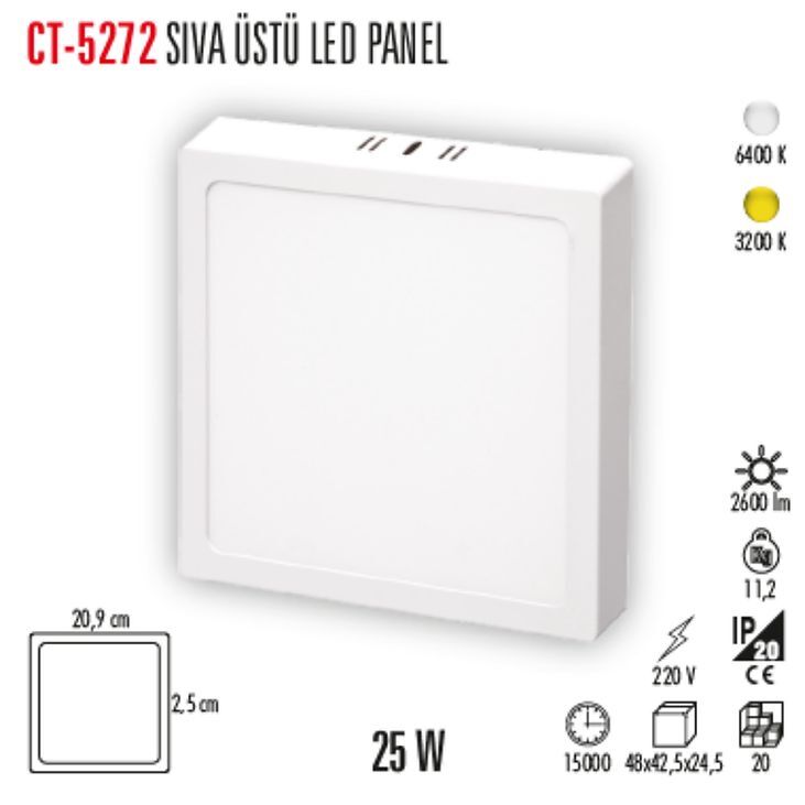 Cata  25W Kare Sıva Üstü Led Panel - 3200K Günışığı