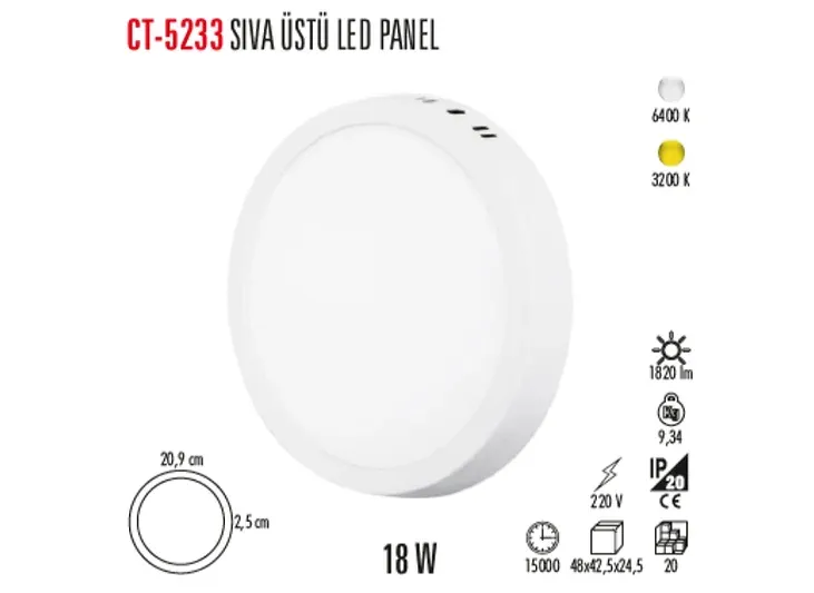 Cata Sıva Üstü LED Panel (18W) Beyaz