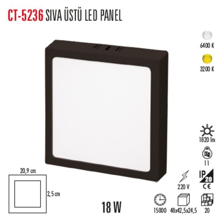 Cata 18W 6400K Beyaz Sıva Üstü Kare LED Panel - Şık Siyah Kasa (21x21 cm)